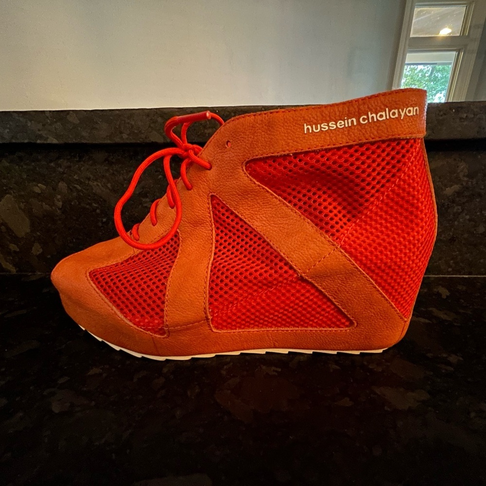 Puma by Hussein Chalayan Orange Peep Toe Mesh Wedge Sneaker